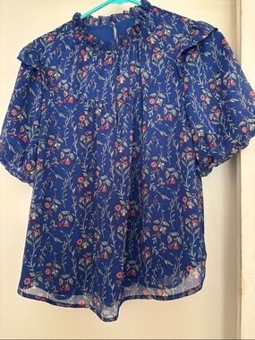 LOFT Blue Floral Ruffle-Neck Blouse with Pink Accents